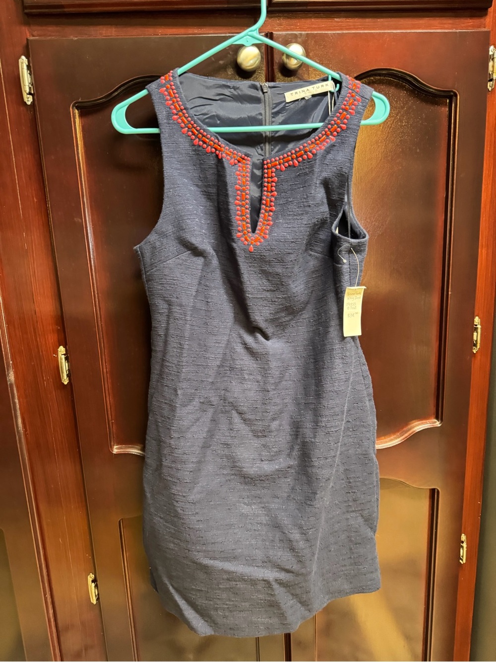 Trina Turk Navy Shift Dress with Red Bead Trim